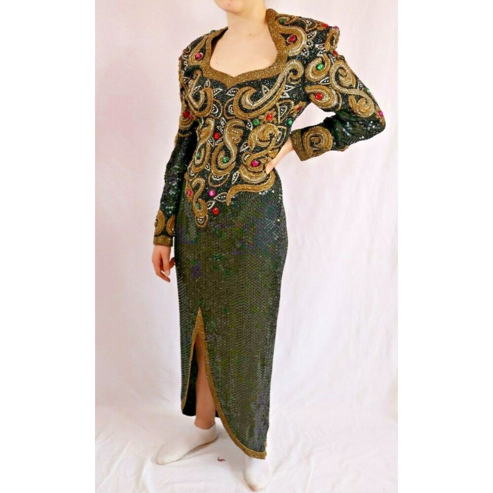 Vintage 70s-80s Beaded Camille Evening Gown Dress Black Gold Silver Rhinestones